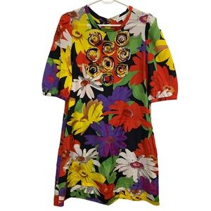 See by Chloé Multicolor Floral Dress Rosette Appliqué Statement Shift Silk Blend